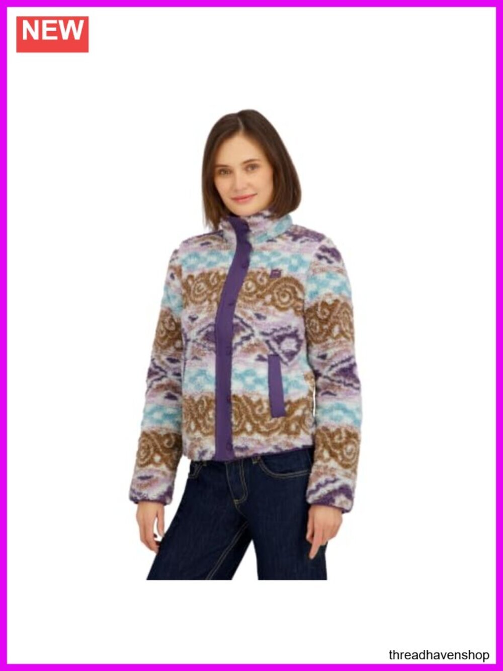 Full Zip Fleece Jacket with Aztec Print, Lightweight Sherpa, Long Sleeve